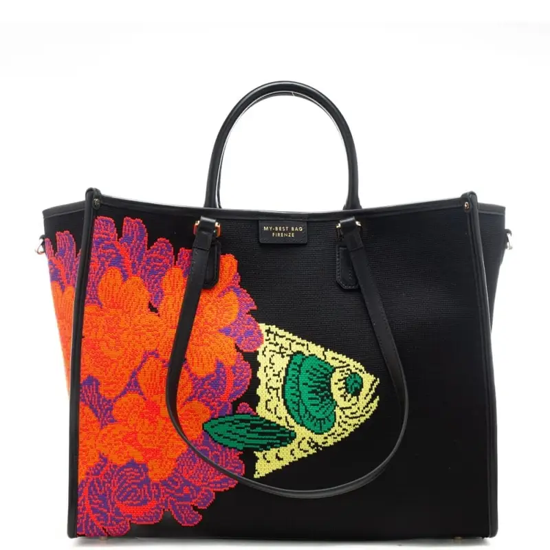 shopping bag da donna in vera pelle e tessuto intrecciato a fantasia floreale