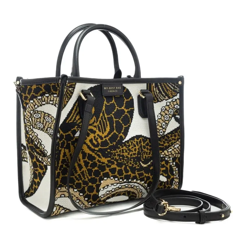 shopping bag da donna in vera pelle e tessuto intrecciato a fantasia octopus miniatura 3