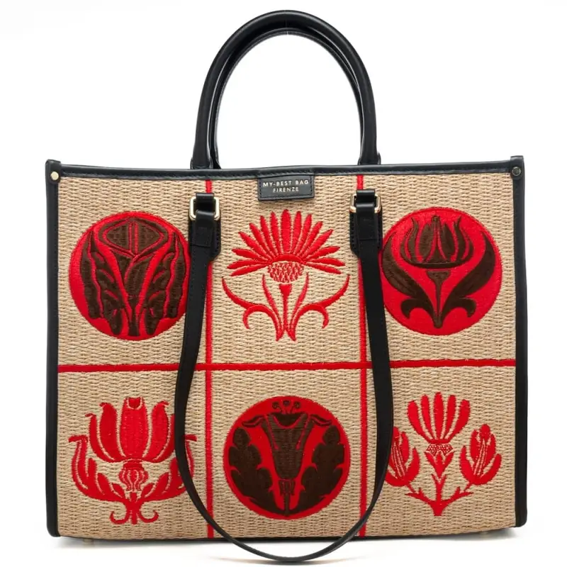 shopping bag da donna in vera pelle e tessuto intrecciato