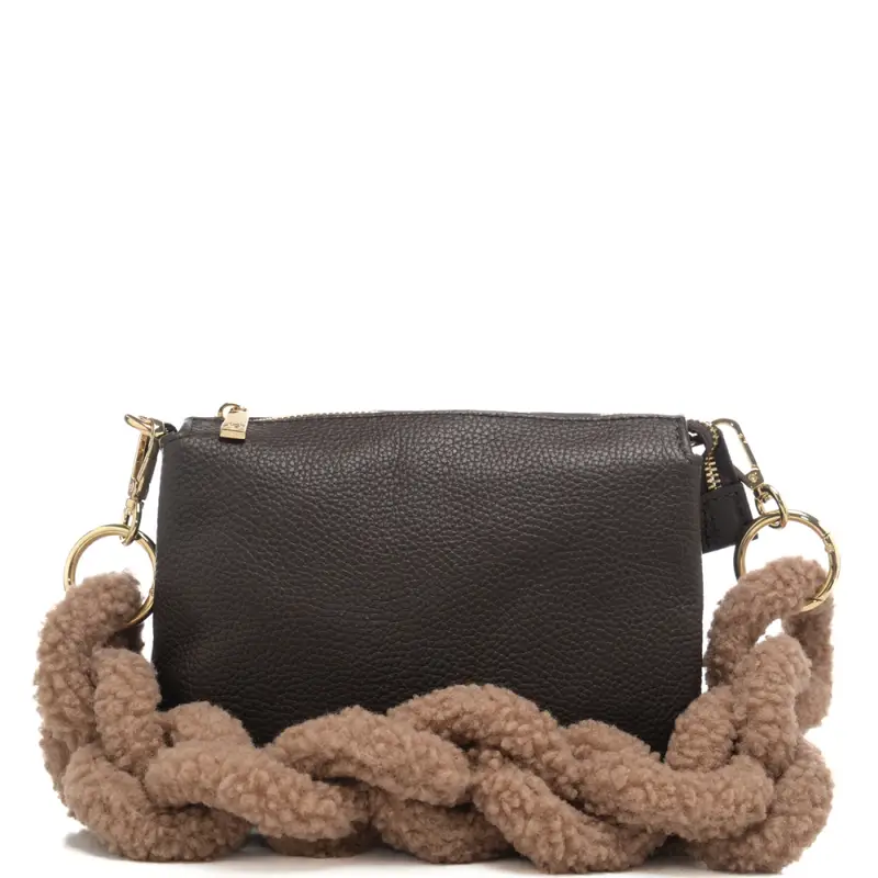 tracolla in pellicciotto con dettagli in metallo dorato beige miniatura 2