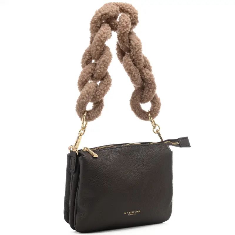 tracolla in pellicciotto con dettagli in metallo dorato beige miniatura 3