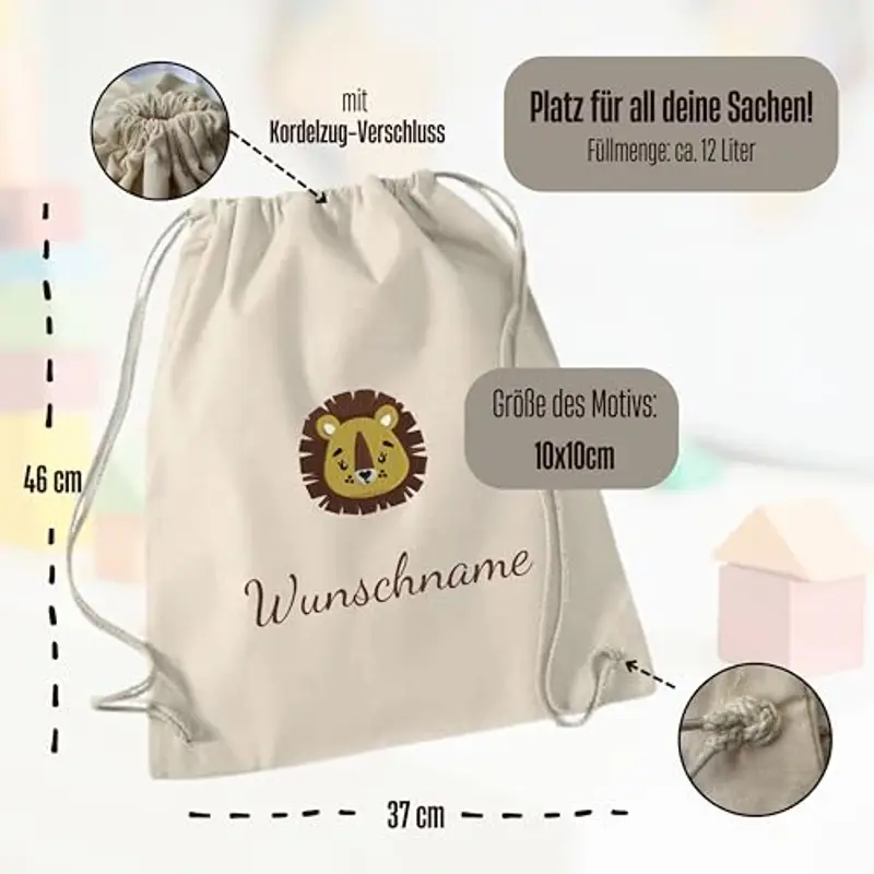 my STITCHERY Sacca da palestra con nome e motivo ricamato – Sacchetto di stoffa personalizzato con coulisse in cotone per bambini come regalo eccezionale, beige., 37 x 46 cm miniatura 3