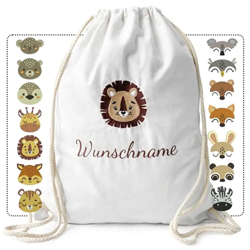 my STITCHERY Sacca da palestra con nome e motivo ricamato – Sacchetto di stoffa personalizzato con coulisse in cotone per bambini come regalo eccezionale, bianco, 37 x 46 cm