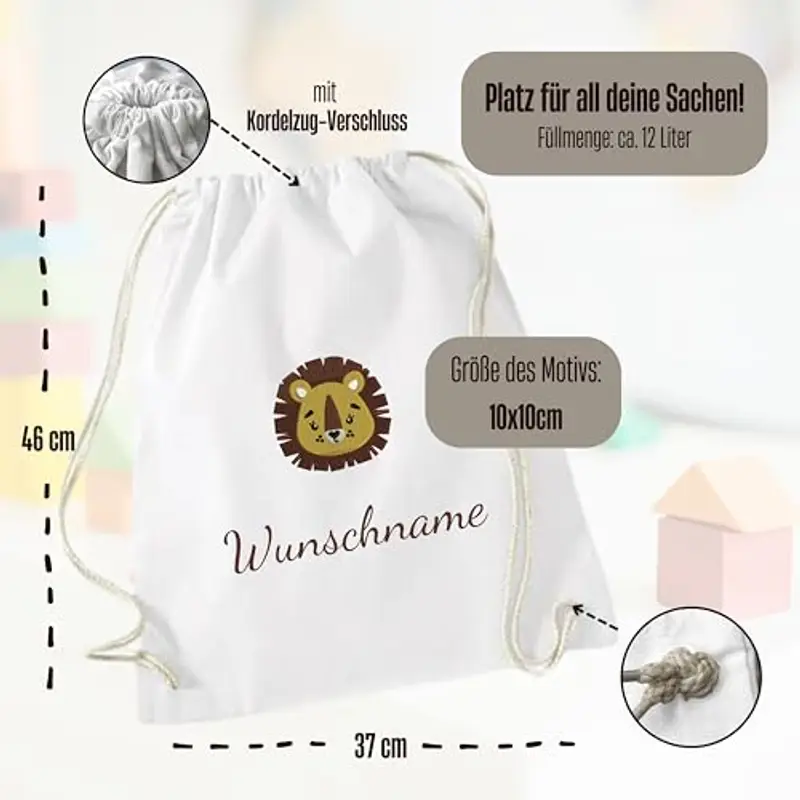 my STITCHERY Sacca da palestra con nome e motivo ricamato – Sacchetto di stoffa personalizzato con coulisse in cotone per bambini come regalo eccezionale, bianco, 37 x 46 cm miniatura 3