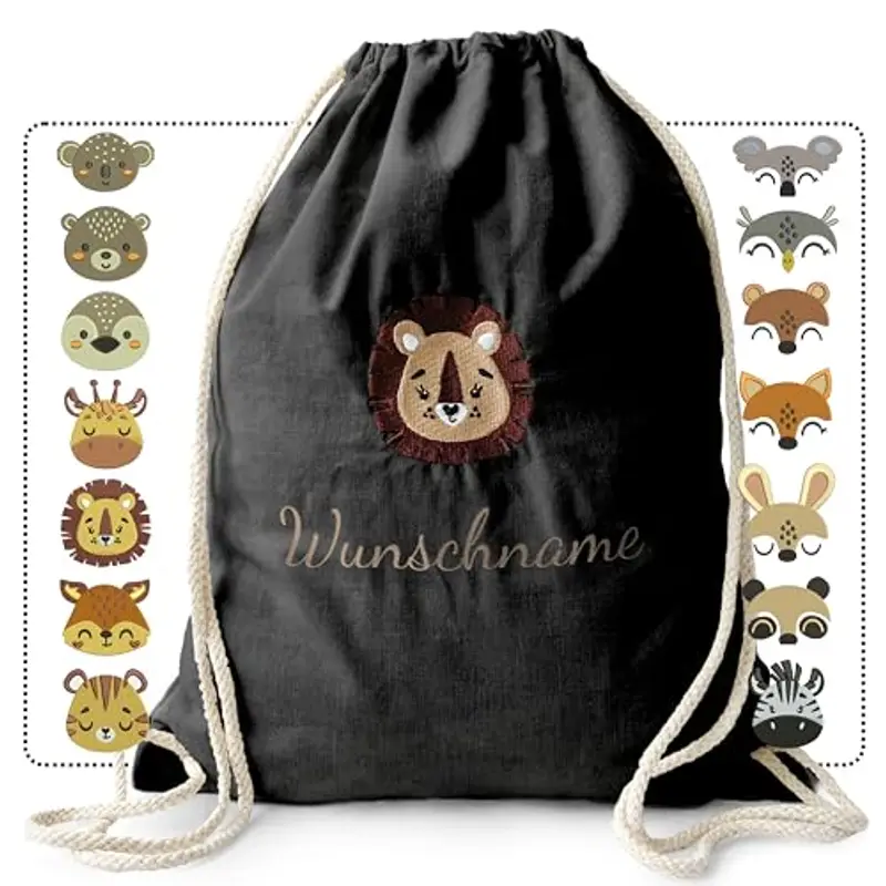 my STITCHERY Sacca da palestra con nome e motivo ricamato – Sacchetto di stoffa personalizzato con coulisse in cotone per bambini come regalo eccezionale, Nero , 37 x 46 cm