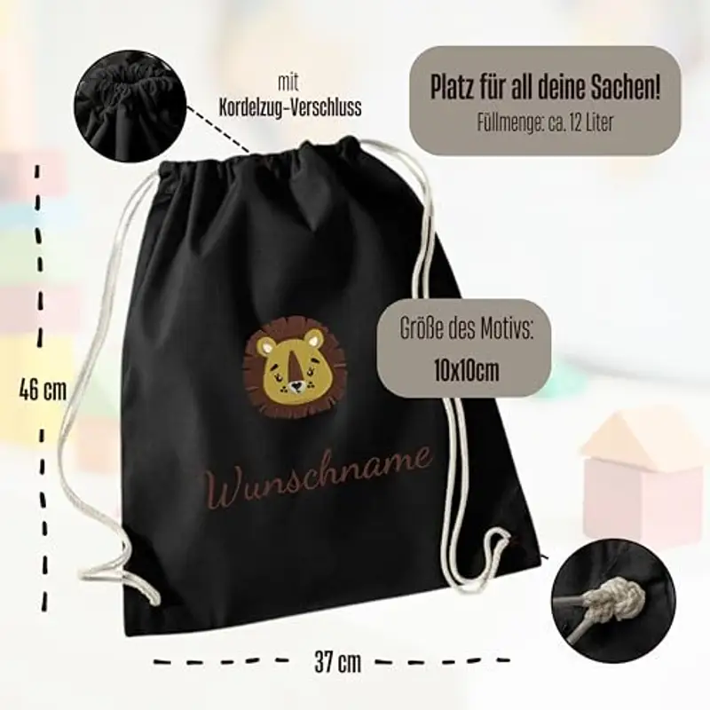 my STITCHERY Sacca da palestra con nome e motivo ricamato – Sacchetto di stoffa personalizzato con coulisse in cotone per bambini come regalo eccezionale, Nero, 37 x 46 cm miniatura 3