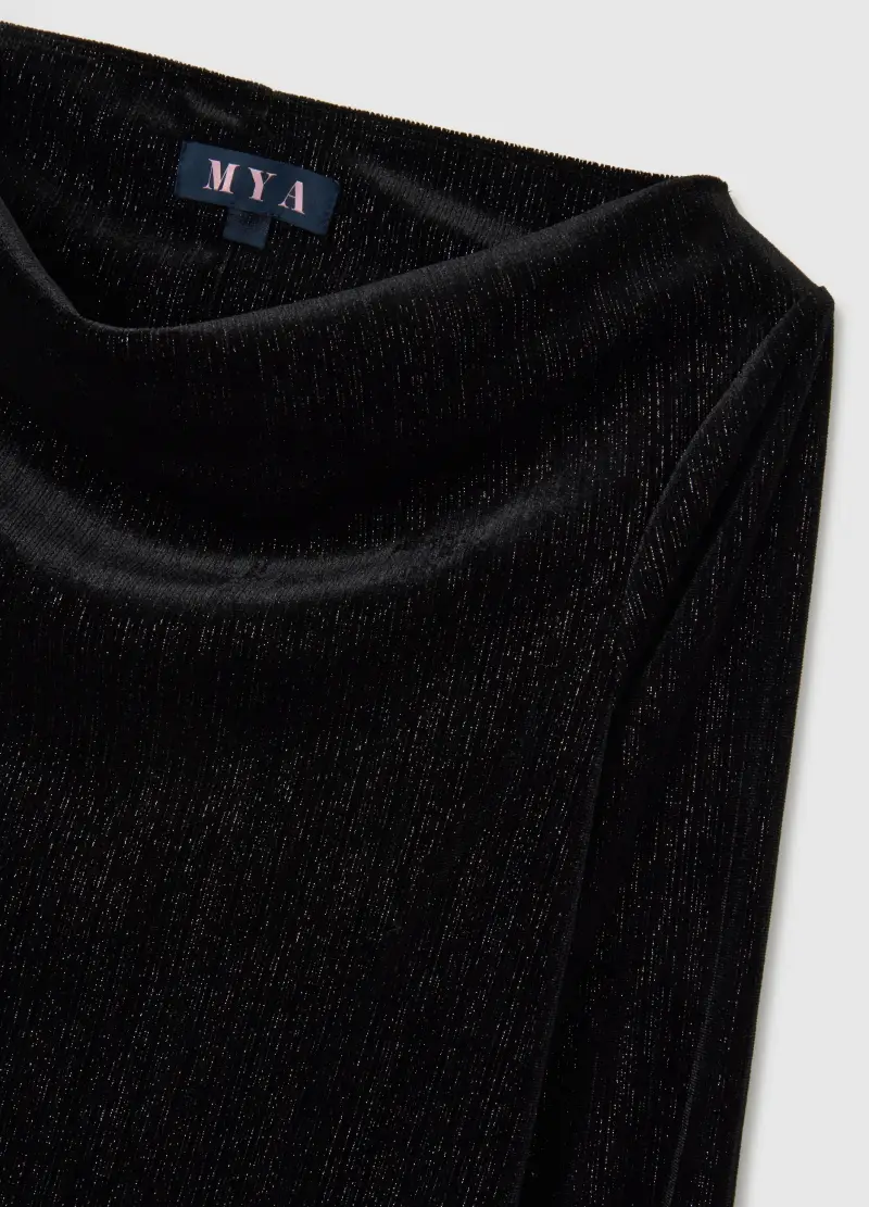 Abito Lungo In Velluto Nero Regular Fit Con Collo A Barca, Donna, Nero miniatura 2