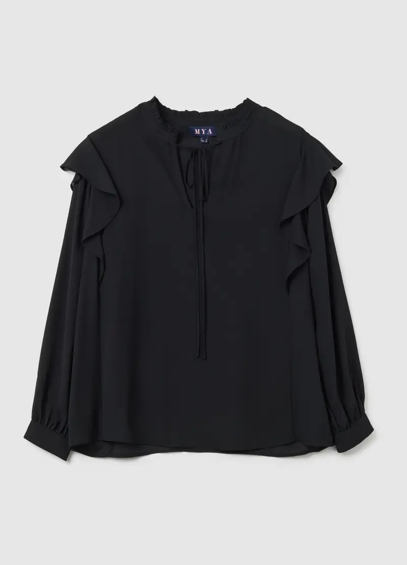 MYA, Blusa In Nero Regular Fit Con Volant, Donna, Nero, Taglia: S