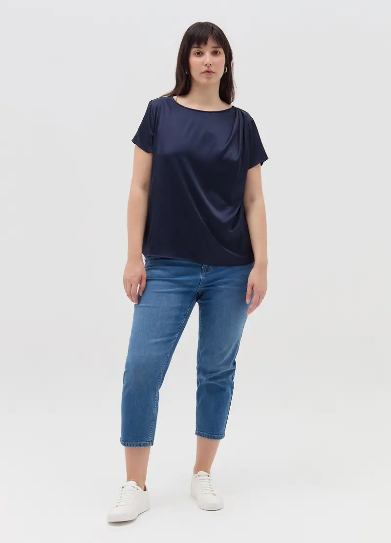 Blusa In Tessuto Combinato Curvy, Donna, Blu miniatura 3