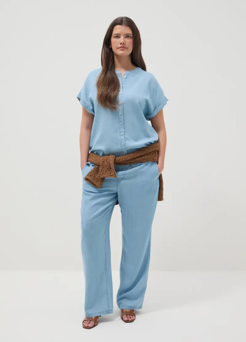 Camicetta In Puro Lyocell Azzurro Regular Fit Con Collo Alla Coreana, Donna, Azzurro miniatura 2