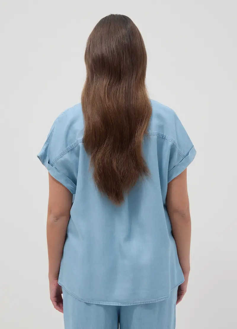 Camicetta In Puro Lyocell Azzurro Regular Fit Con Collo Alla Coreana, Donna, Azzurro miniatura 3