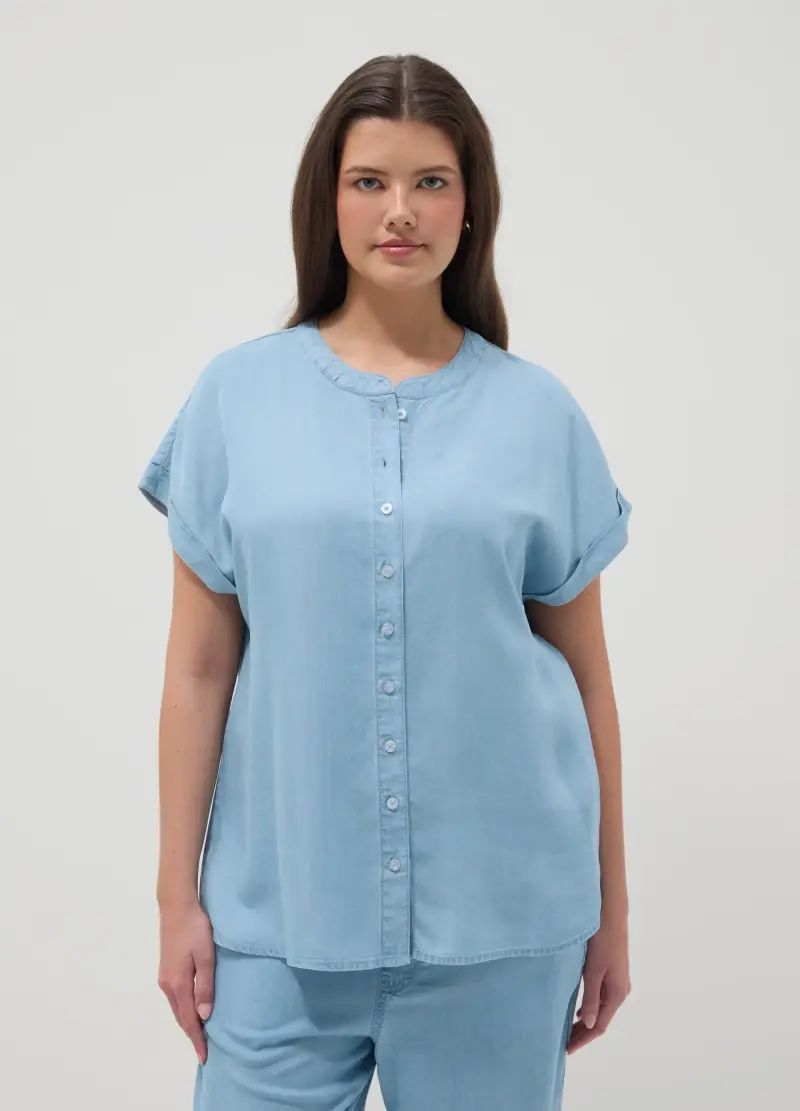 Camicetta In Puro Lyocell Azzurro Regular Fit Con Collo Alla Coreana, Donna, Azzurro