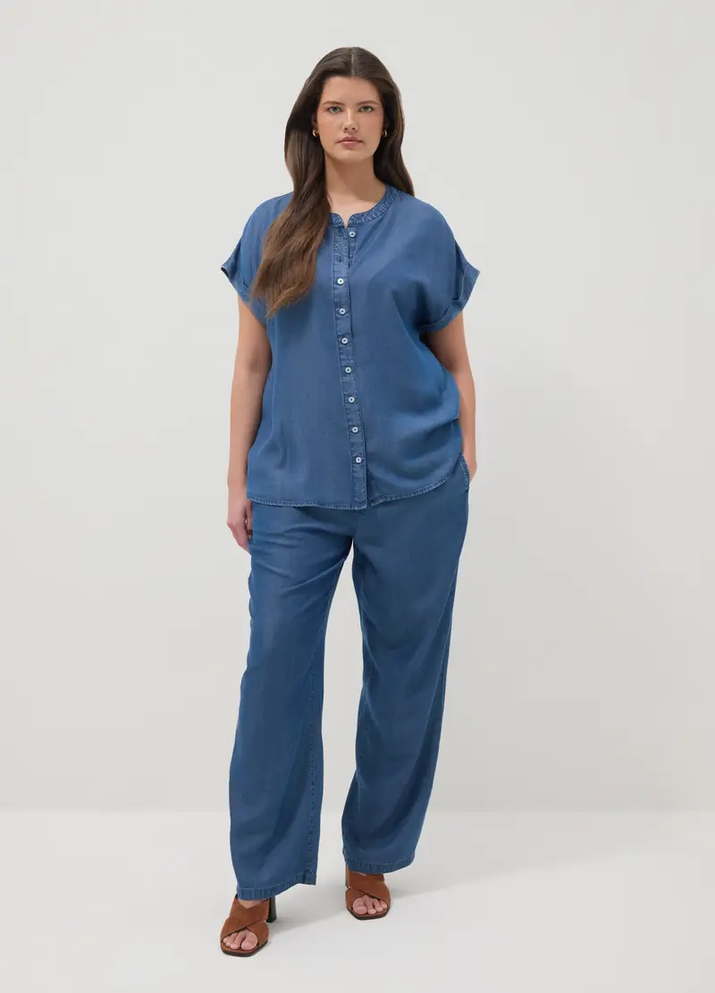 Camicetta In Puro Lyocell Blu Regular Fit Con Collo Alla Coreana, Donna, Blu miniatura 2