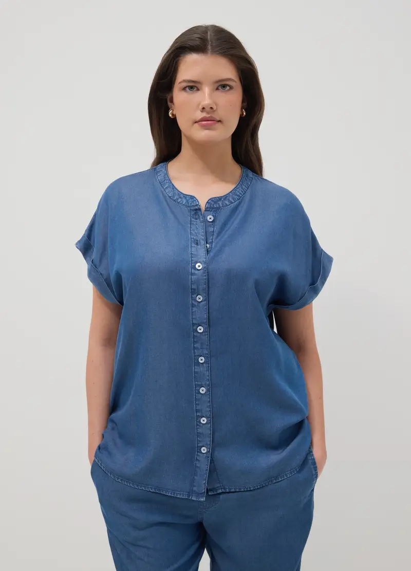 Camicetta In Puro Lyocell Blu Regular Fit Con Collo Alla Coreana, Donna, Blu miniatura 3