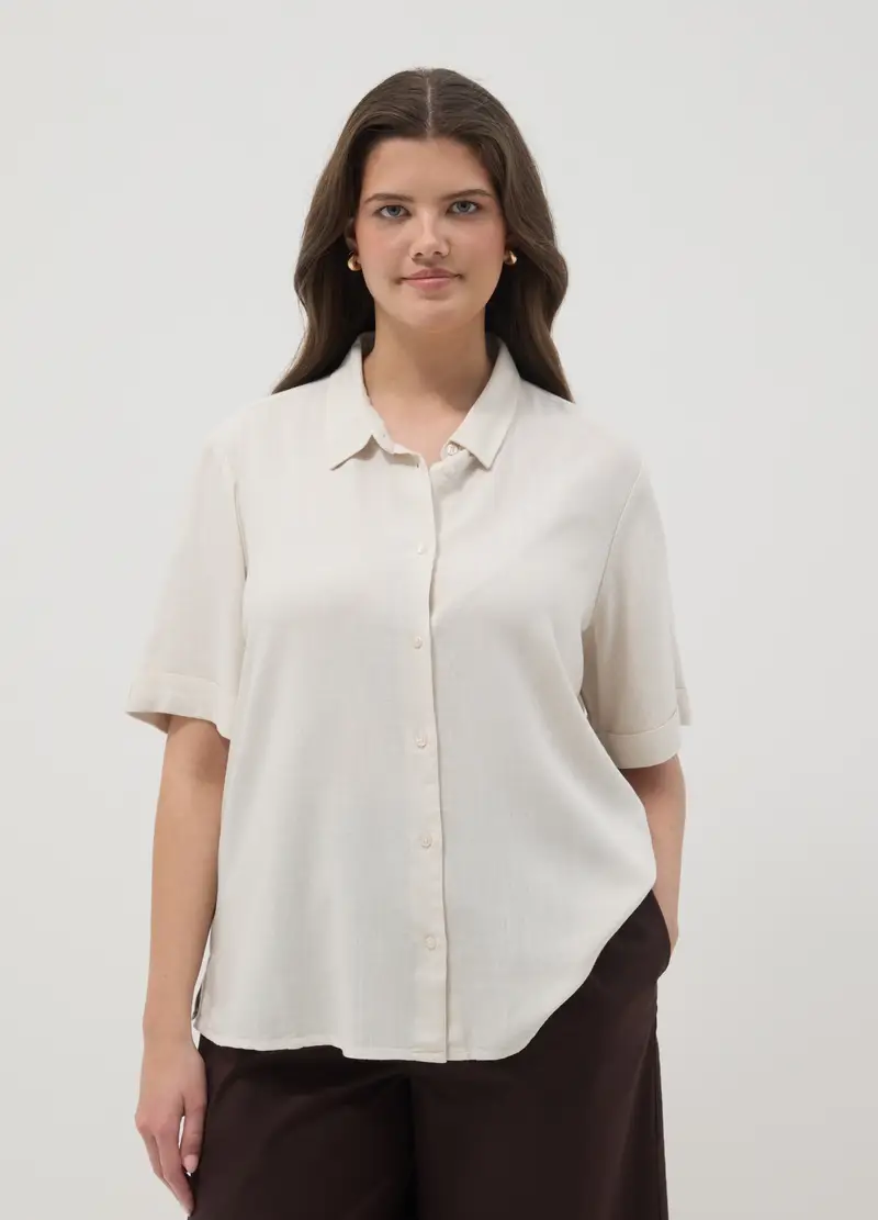 Camicia In Misto Viscosa E Lino Bianca Regular Fit, Donna, Bianco miniatura 3