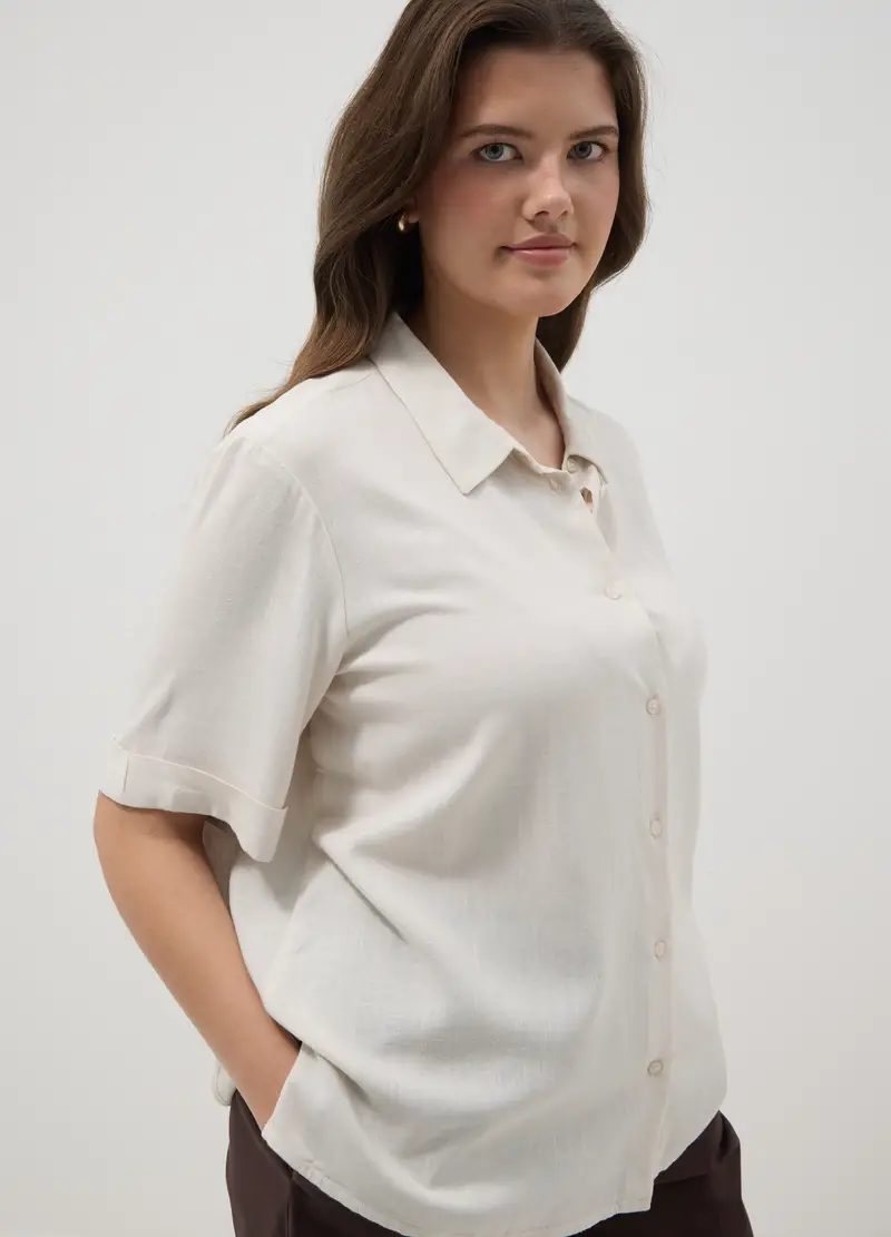 Camicia In Misto Viscosa E Lino Bianca Regular Fit, Donna, Bianco