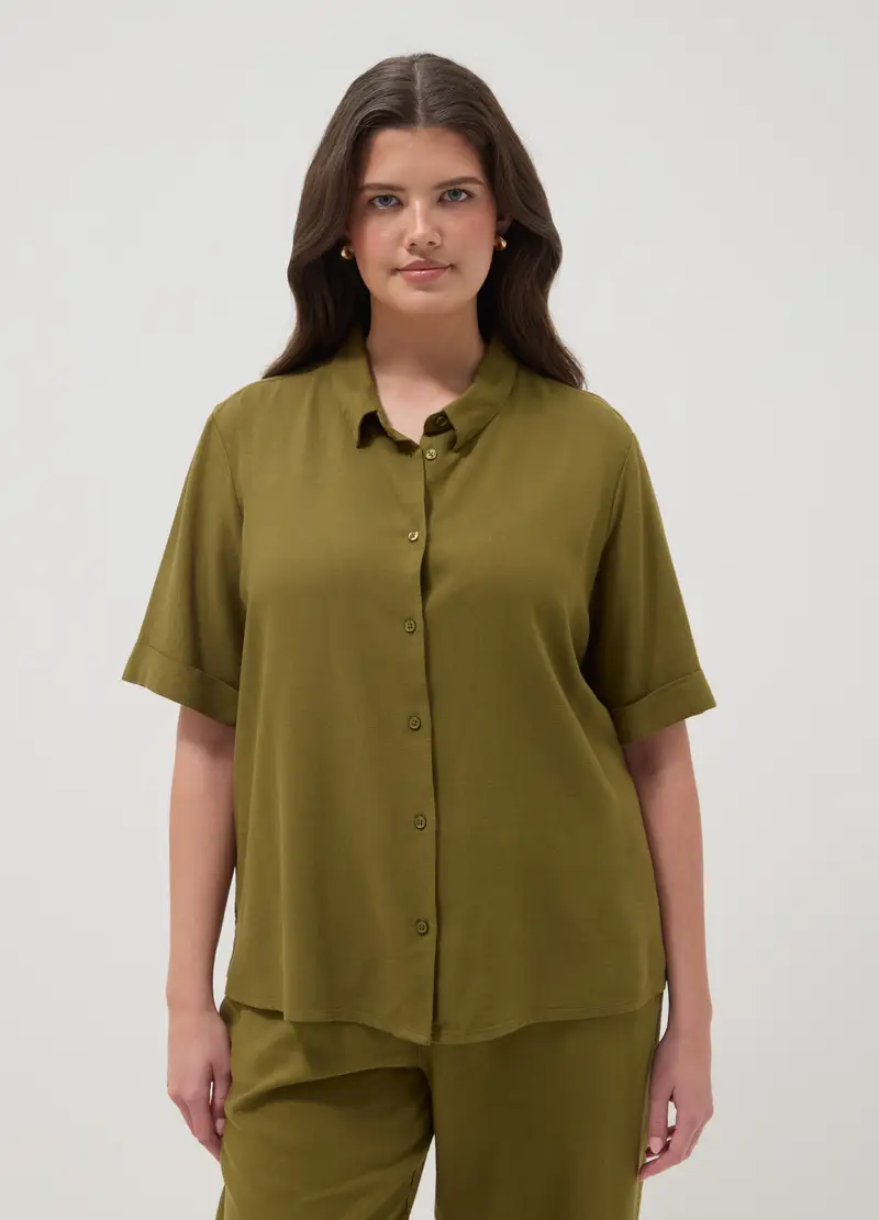 Camicia In Misto Viscosa E Lino Verde Regular Fit, Donna, Verde miniatura 3