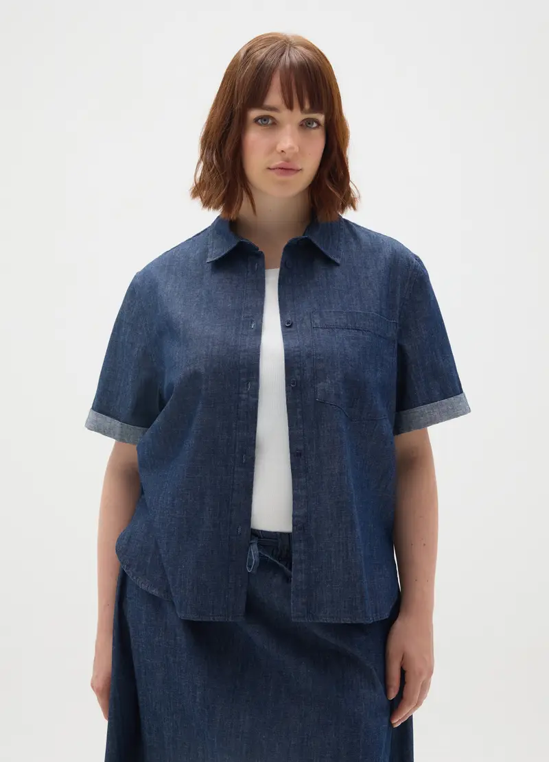 Camicia In Puro Cotone Denim Over, Donna, Denim miniatura 2