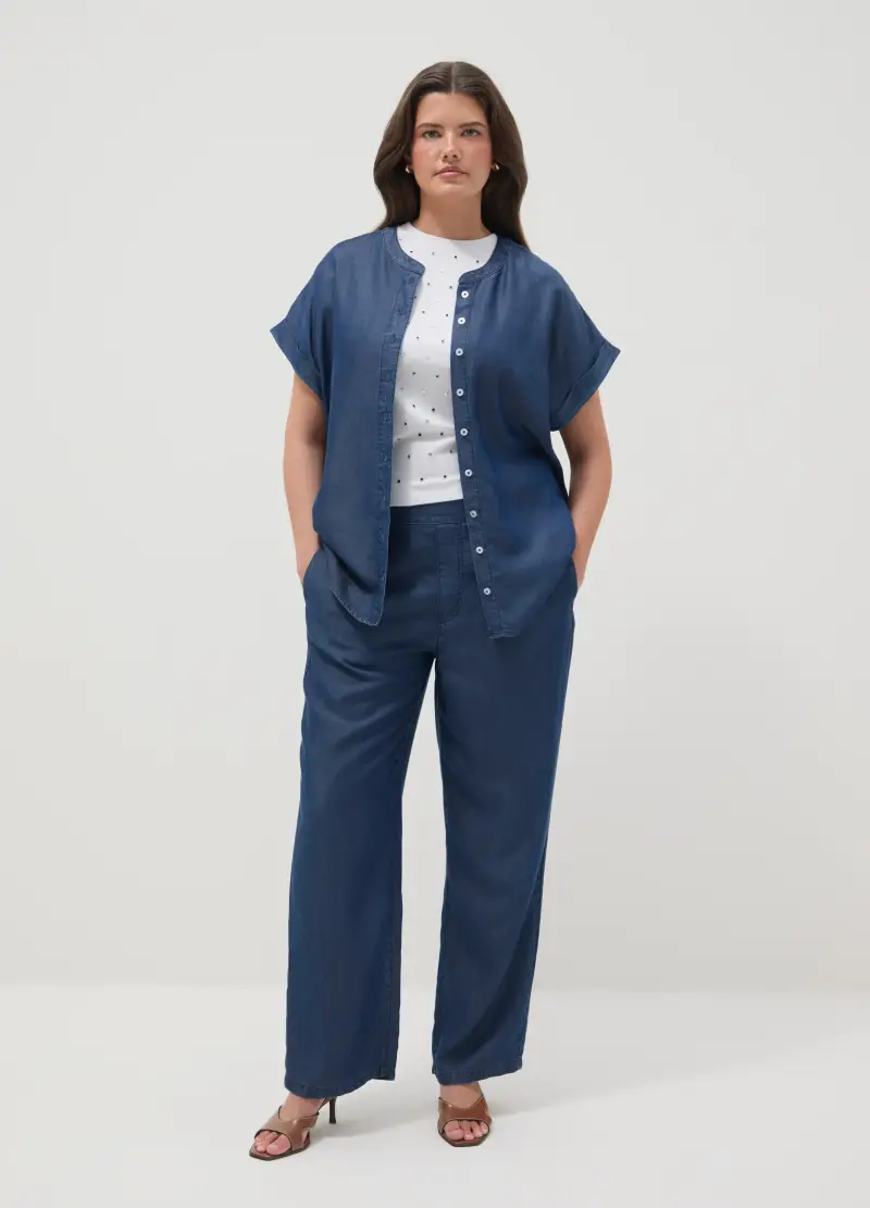 Camicia In Puro Lyocell Blu Regular Fit Con Collo Alla Coreana, Donna, Blu miniatura 2