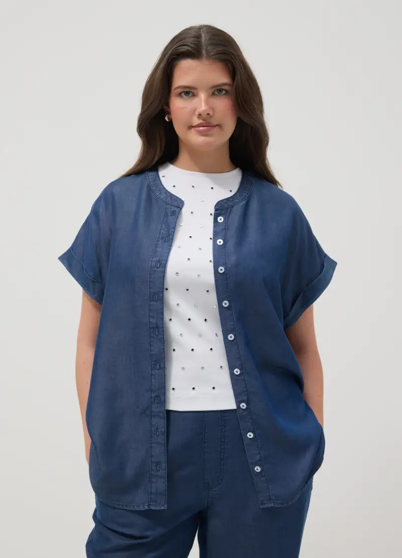 Camicia In Puro Lyocell Blu Regular Fit Con Collo Alla Coreana, Donna, Blu miniatura 3