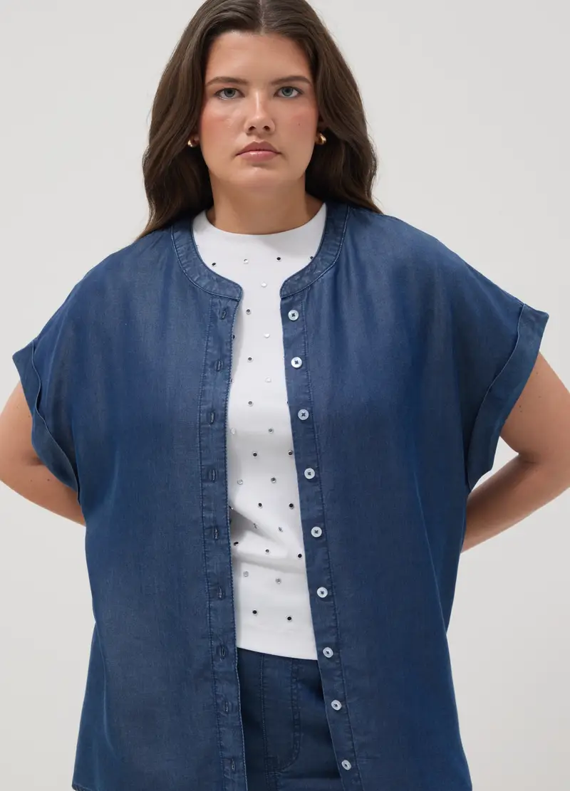 Camicia In Puro Lyocell Blu Regular Fit Con Collo Alla Coreana, Donna, Blu