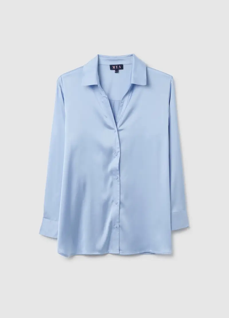 Camicia In Satin Azzurro Regular Fit, Donna, Azzurro