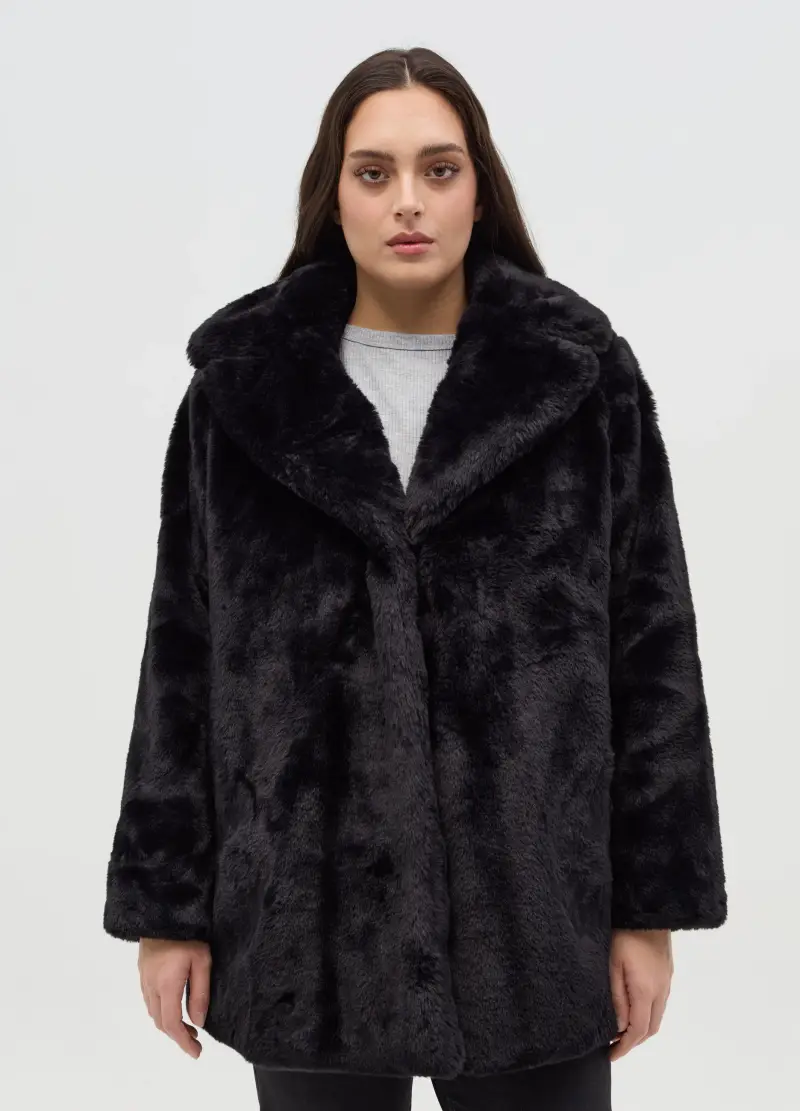 Cappotto In Eco Pelliccia Curvy, Donna, Nero