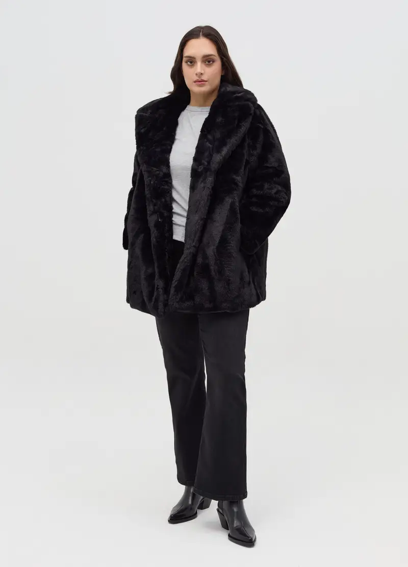 Cappotto In Eco Pelliccia Curvy, Donna, Nero miniatura 2