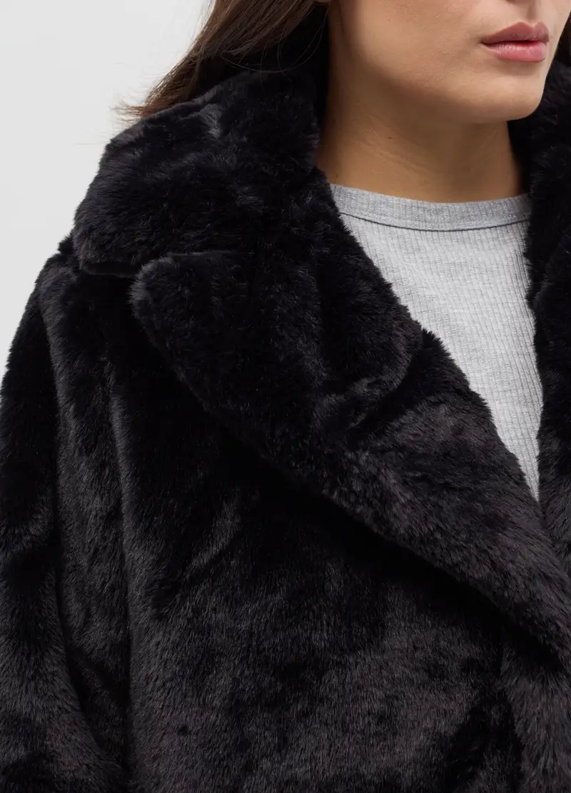 Cappotto In Eco Pelliccia Curvy, Donna, Nero miniatura 3