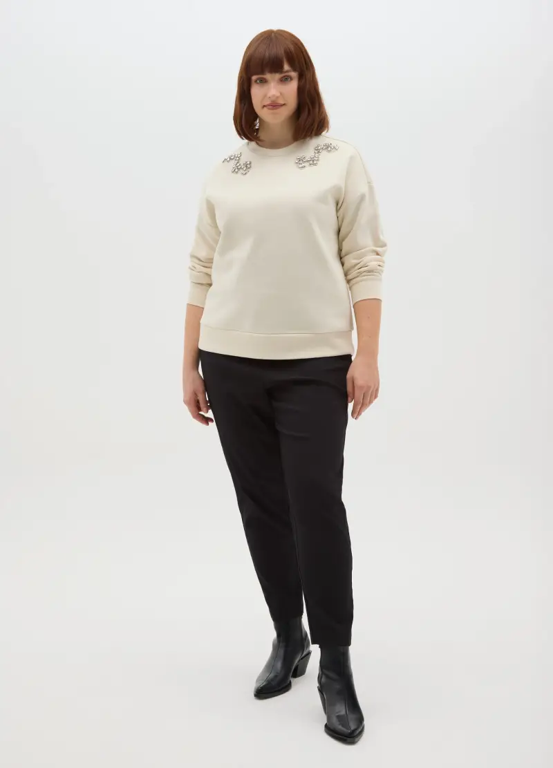 Felpa Beige In Misto Cotone Regular Fit Con Strass, Donna, Bianco miniatura 2