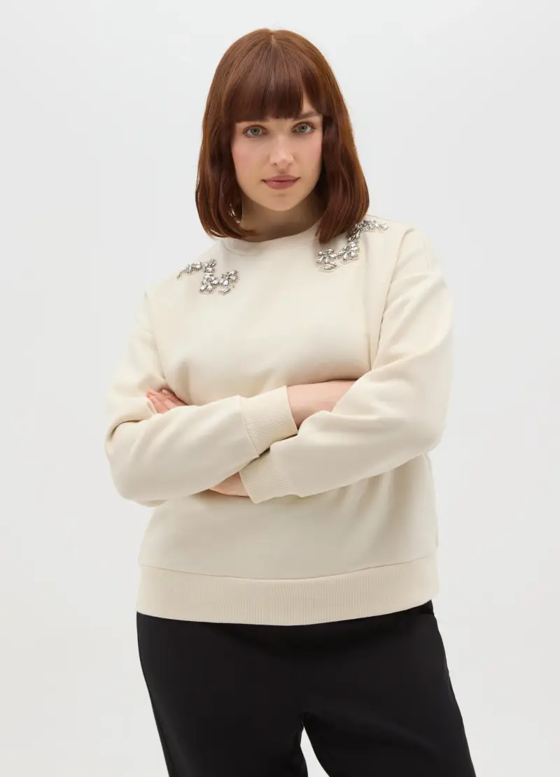 Felpa Beige In Misto Cotone Regular Fit Con Strass, Donna, Bianco