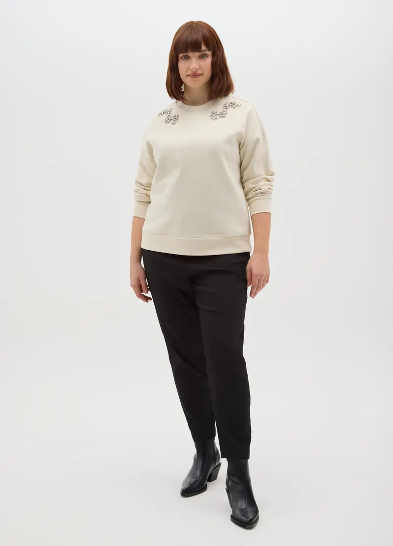 Felpa Beige In Misto Cotone Regular Fit Con Strass, Donna, Bianco miniatura 2