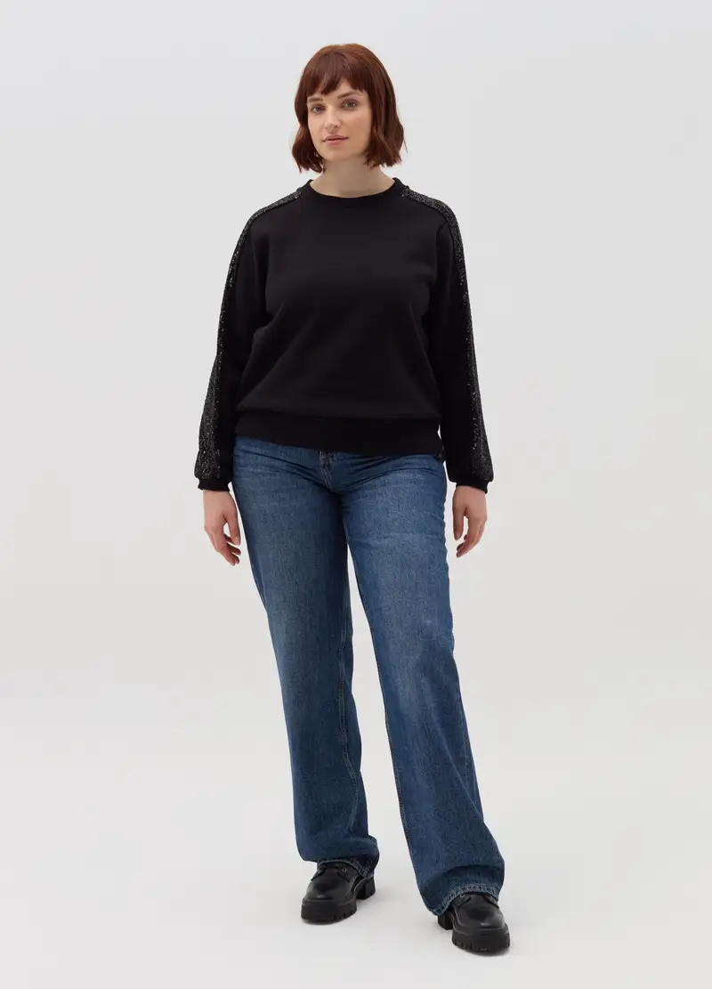 Felpa Con Bande In Paillettes Curvy, Donna, Nero