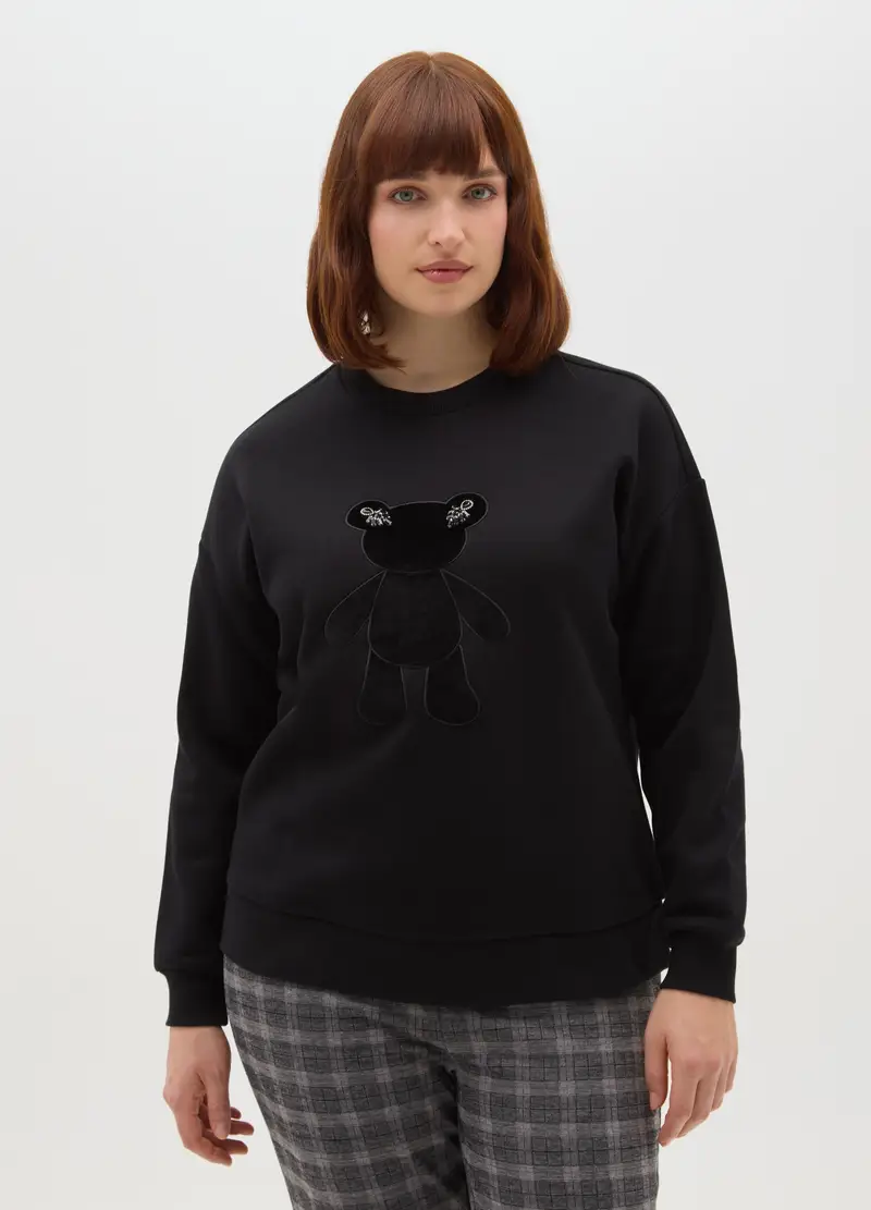 Felpa Nera In Misto Cotone Regular Fit Con Orsetto Ricamato, Donna, Nero