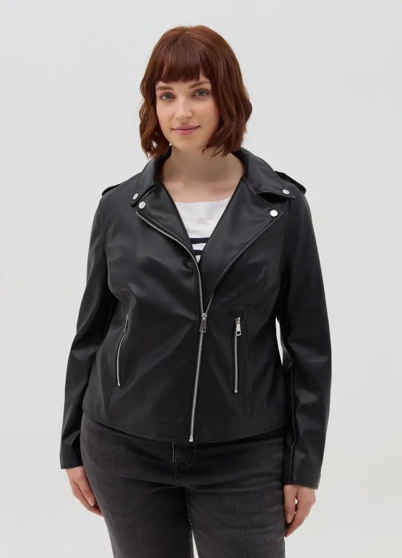 Giacca Biker Effetto Lucido Con Zip Curvy, Donna, Nero