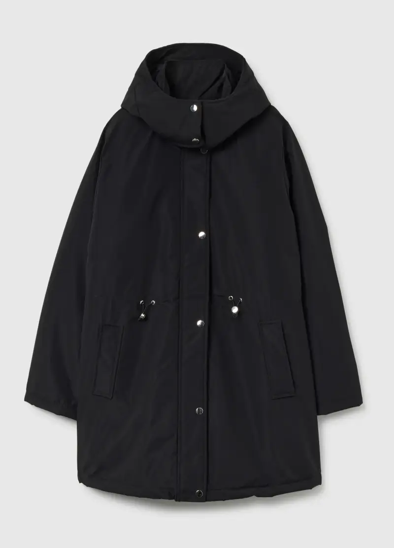 Giacca Lunga Imbottita Nera Regular Fit Con Cappuccio E Zip, Donna, Nero