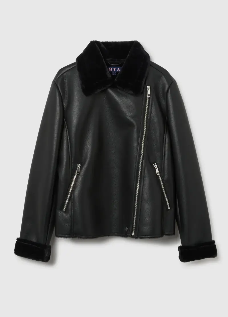 Giacca Nera In Finta Pelle Con Collo In Pelliccia, Donna, Nero