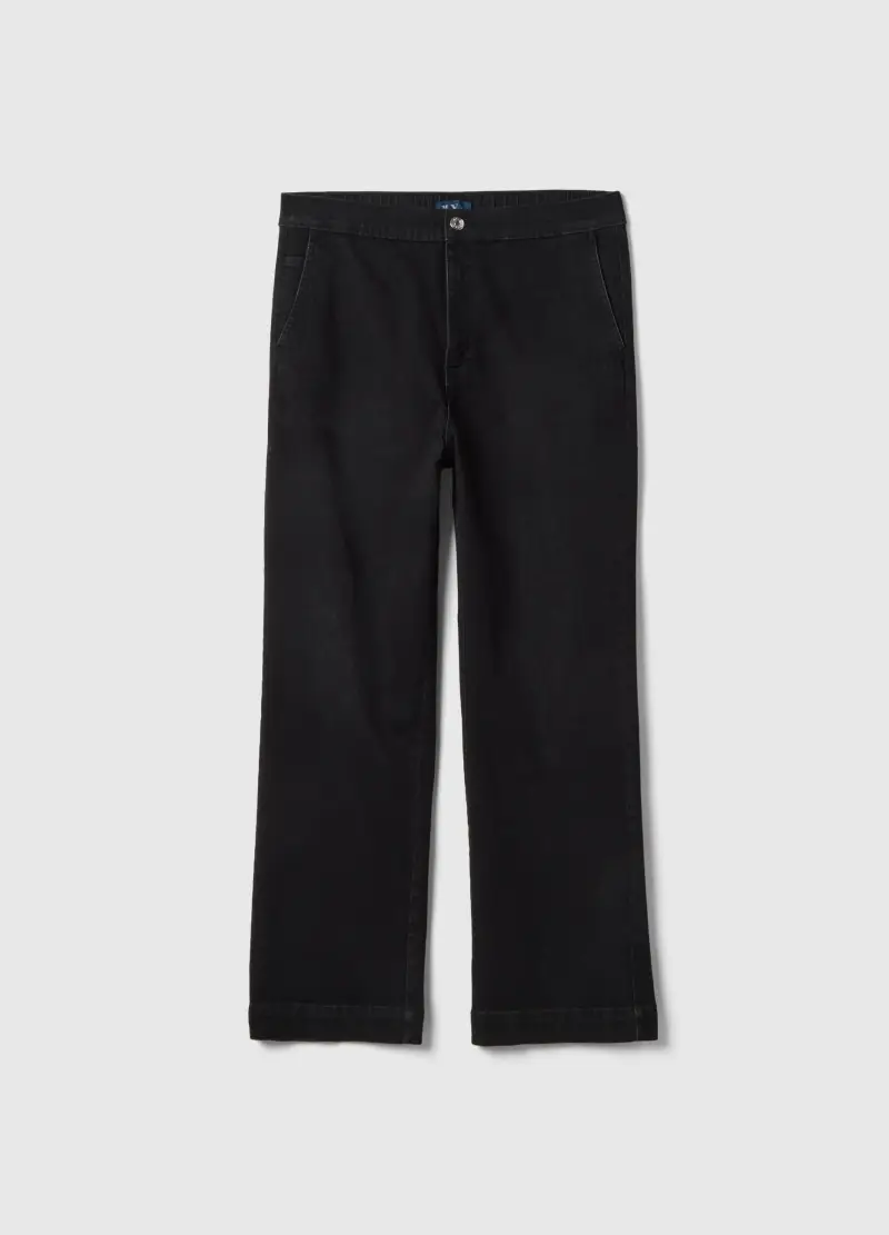 Jeans Wide Leg In Cotone Elasticizzato Nero, Donna, Nero