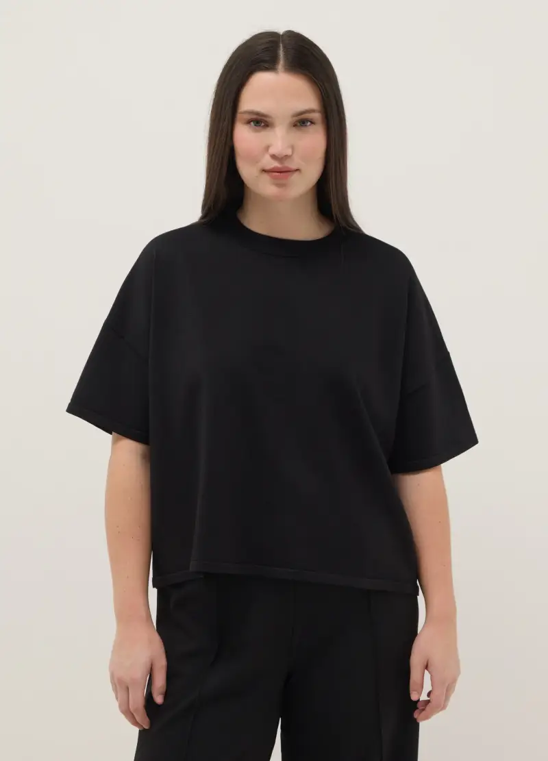 Maglia Crop Nera Oversize Fit Con Collo Rotondo, Donna, Nero