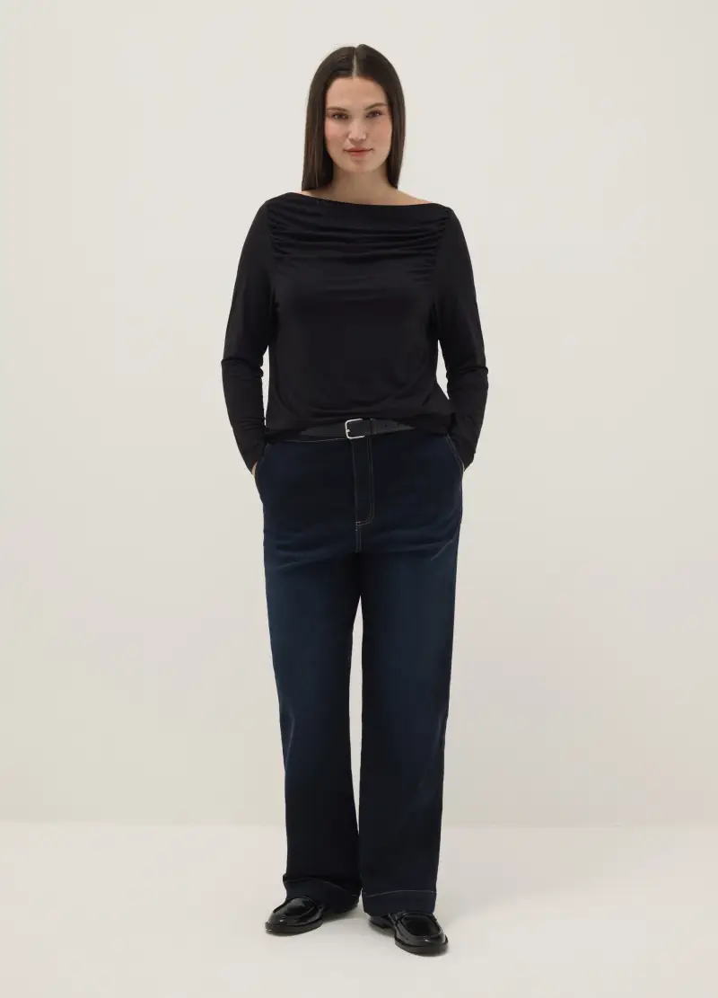 Maglia Lunga In Viscosa Elasticizzata Nera Regular Fit Con Collo A Barca, Donna, Nero miniatura 2