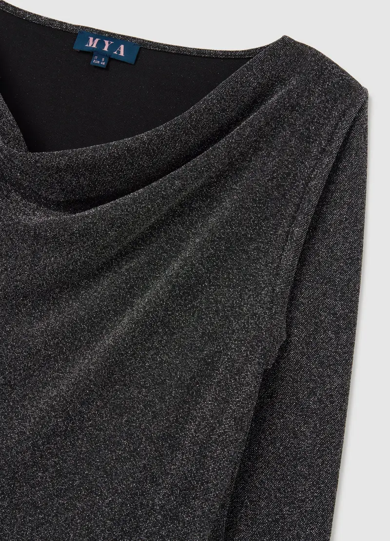 Maglia Nera Con Collo A Scialle E Brillantini Regular Fit, Donna, Nero miniatura 2