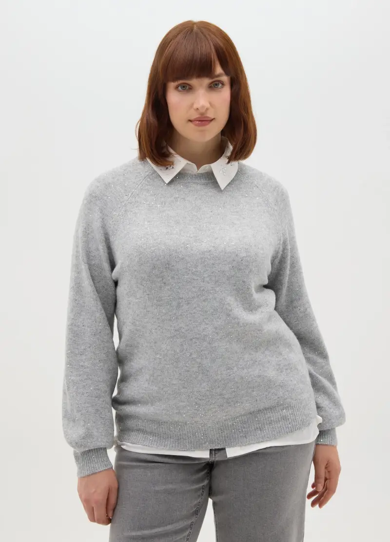 Maglione Girocollo Grigio Effetto Lurex Over Fit, Donna, Grigio miniatura 2