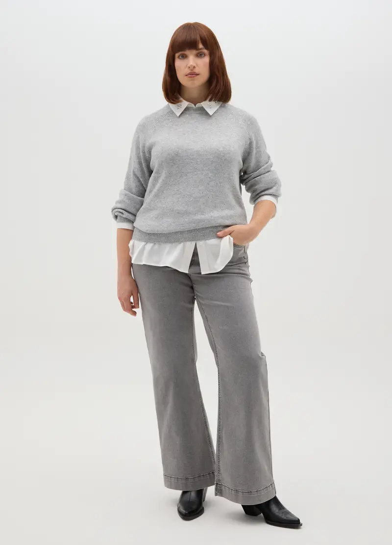 Maglione Girocollo Grigio Effetto Lurex Over Fit, Donna, Grigio