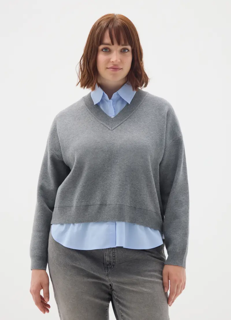 Maglione Grigio Regular Fit Con Scollo A V, Donna, Grigio