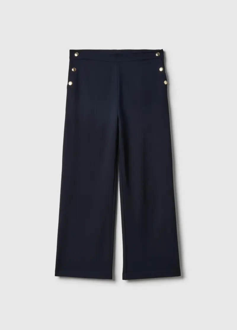 Pantaloni Blu Wide Leg Con Bottoni Decorativi, Donna, Blu