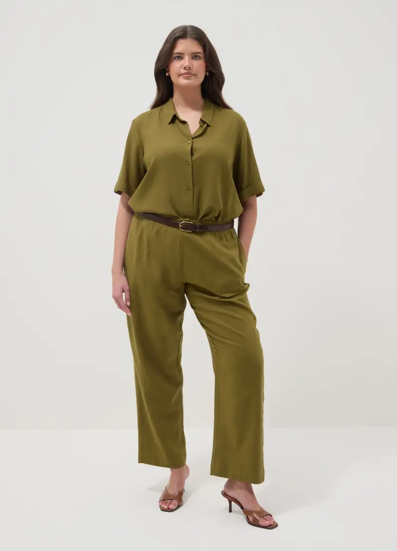 Pantaloni In Misto Lino Verde Regular Fit, Donna, Verde