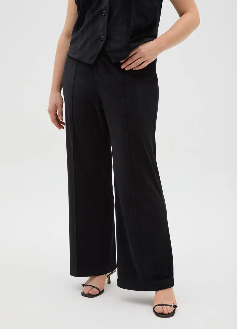 Pantaloni Wide Leg Neri Con Fascia Elastica, Donna, Nero miniatura 2