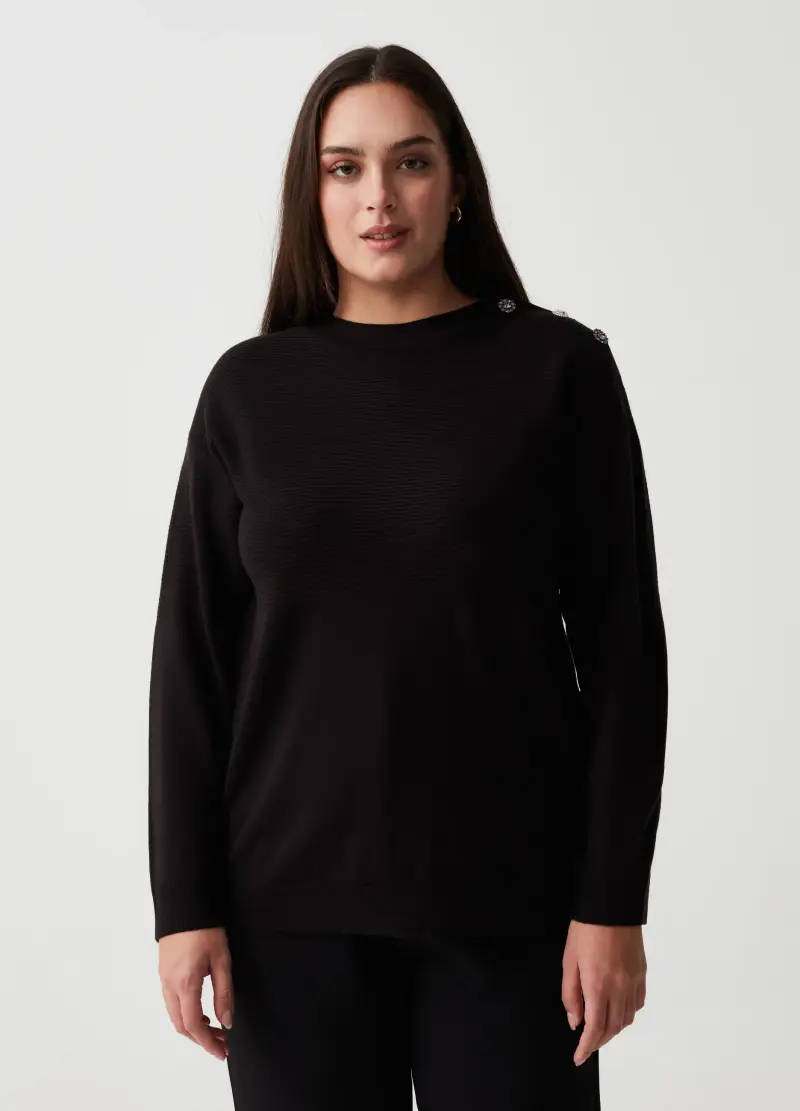 Pullover Con Bottoni Gioiello Curvy, Donna, Nero