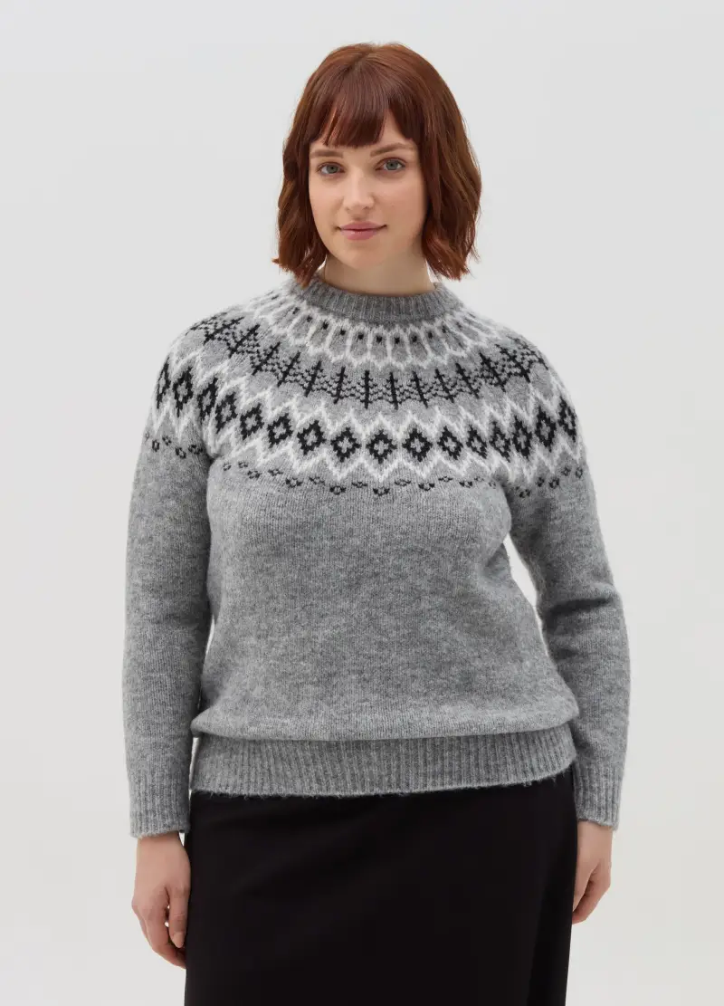 Pullover Con Disegno Norvegese Curvy, Donna, Grigio