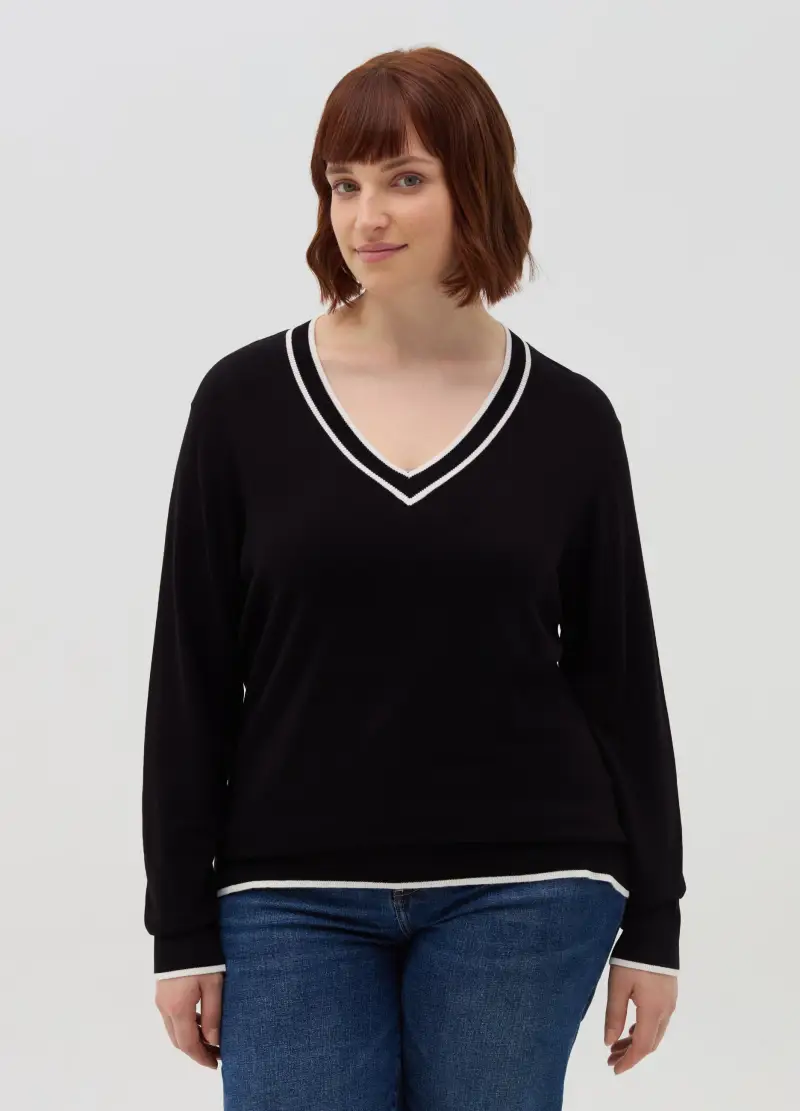 Pullover Con Profili A Contrasto Curvy, Donna, Nero miniatura 2